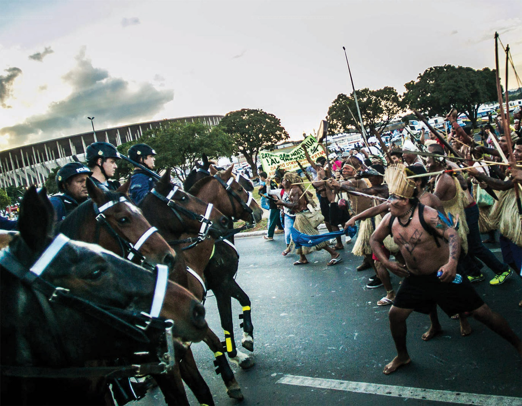 Indigenous leaders confront police repression. Brasilia, Brazil. 2014.